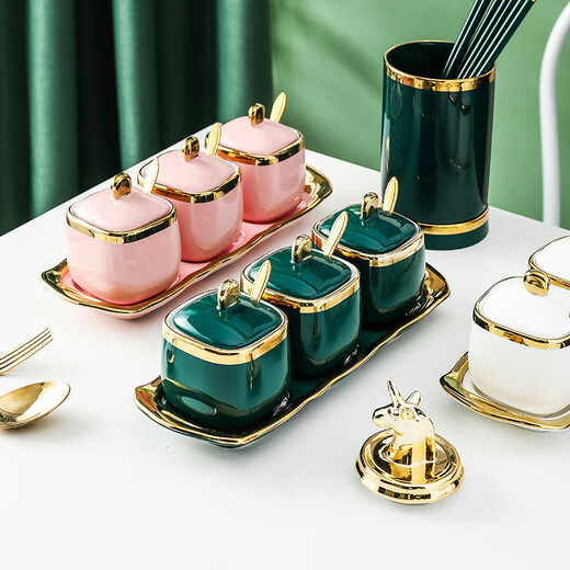 Mccarren single Nordic simple light luxury seasoning jar ceramic seasoning box seasoning bottle salt MSG jar kitchen household with lid square jar + emerald with 1 gold spoon + 1 ceramic spoon