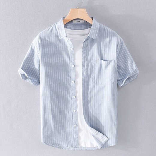 
GLOY/ZENITH summer cotton shirt men short-sleeved striped youth casual fashion versatile shirt men fresh literary men's top 9740 black L (110-125 Jin [Jin equals 0.5 kg])