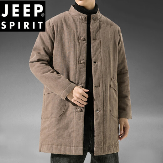 JEEP SPIRIT Winter Chinese Style Mid-Length Hanfu Men's Loose Cotton Clothes Linen Tang Suit Retro Style Cotton Clothes Thickened Cotton Jacket Brown Color 3XL