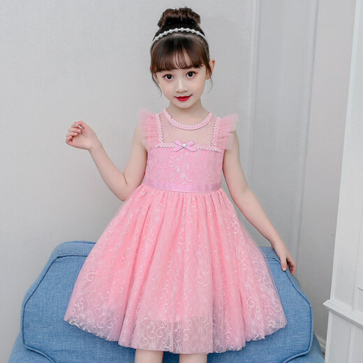 Wujiang Girls Princess Dress 2020 Summer New Children's Lace Puff Skirt Korean Style Western Style Ice and Snow Dress Pink 130cm