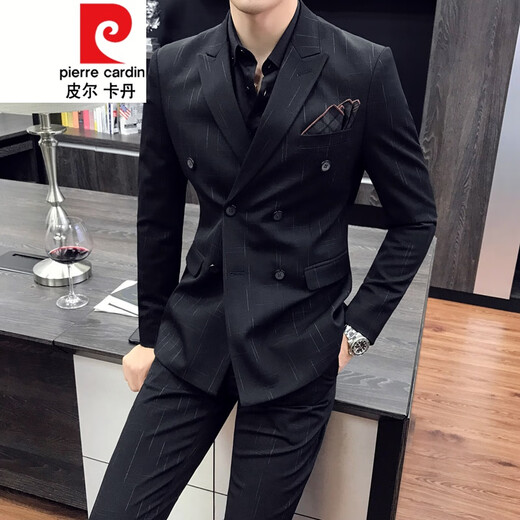 
Pierre cardin (pierre cardin) double-breasted suit men's suit slim and casual Korean-English style formal wear men's wedding large-size suit trend 9922 dark gray [suit + trousers] tie 2XL