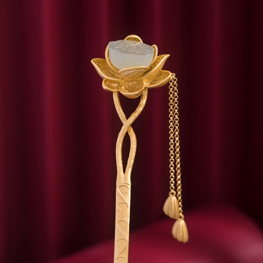 Kamalun (KAMALUN) Hotan Jade Lotus Hairpin Ancient Style Tassel Hanfu Headwear Updo Hairpin Hairpin Hair Accessory for Girlfriend’s Birthday Gift Lotus Hairpin + Gift Box Unengraved