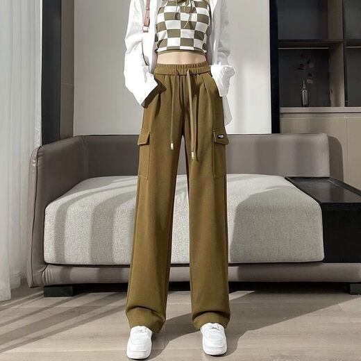 皮尔卡丹高档ins工装裤女2024春秋新款高腰宽松显瘦休闲百搭直筒阔腿长裤 棕黄色9901 L  建议105-115斤
