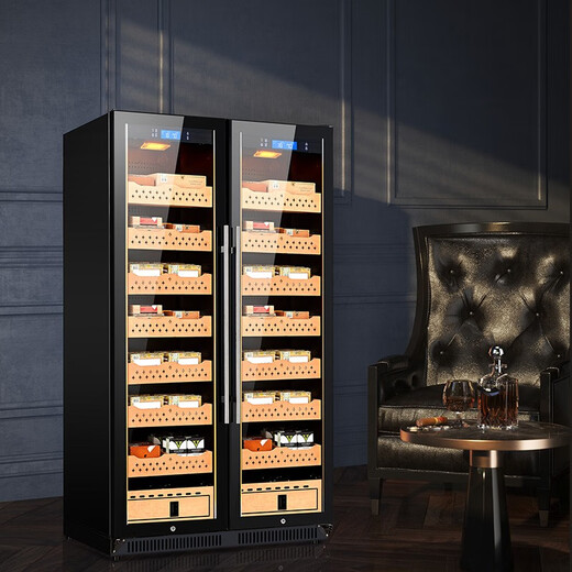 Partagas double-door cigar cabinet with constant temperature and humidity control for tomato cultivation, constant temperature and humidity dual control system compressor, household humidifier with constant temperature and humidity control, cedar wood shelf, thick section 1.8M high/black leather grain/cedar wood 860L