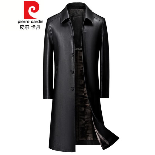Pierre Cardin (Premium Exclusive) Autumn and Winter Over-the-Knee Long Leather Jacket Men's Velvet Thickened Soft Leather Windbreaker Dad Leather Coat Men's Jacket Knitted Black 175
