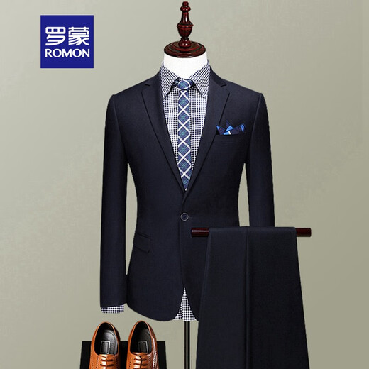 Luo Meng suit complete suit for men, young and middle-aged workwear, wedding dress, groomsmen professional formal wear, work business suit jacket, navy blue (two-piece set, single button) 180A (180) XL