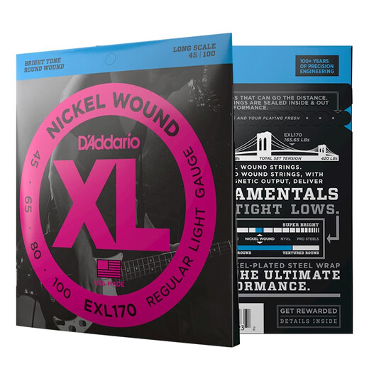 达达里奥（D'Addario）EXL170美国进口电贝司琴弦 镀镍钢Bass四弦五弦贝斯套弦 45-100