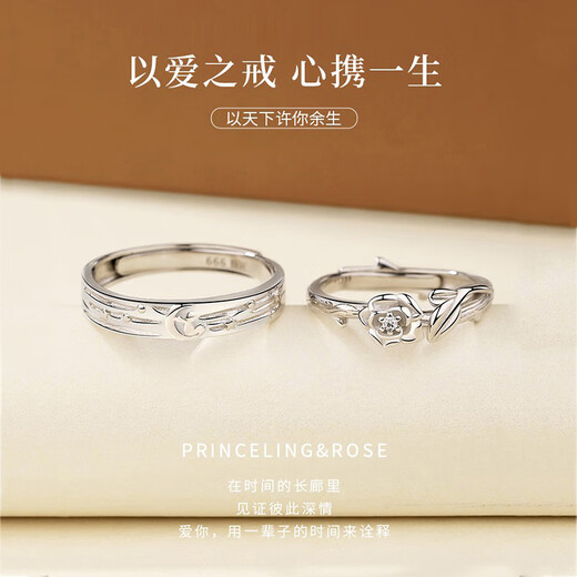 MZMZ Little Prince and Rose Couple Ring PT950 Platinum Adjustable Engagement Ring Birthday Gift for Girlfriend Couple Ring Live Pair