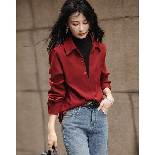 Demana Commuting Layer Tool Spring and Autumn Retro 150D Brushed Shirt Lapel Long Sleeve Shirt Women's Top