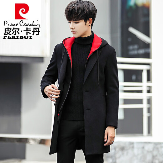 Pierre cardin high-end brand winter woolen coat for men's mid-length wool trench coat plus velvet casual hooded wool coat for men 1852 burgundy black hat 2XL [141-160Jin [Jin equals 0.5 kg]]