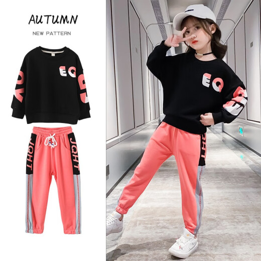 0595 Children's Clothing Girls Autumn Sports and Leisure Suit Internet celebrity two-piece set for girls, middle and large children, Korean version, cute, fashionable, long-sleeved, high-necked, loose sweatshirt, leggings, long pants, black 130