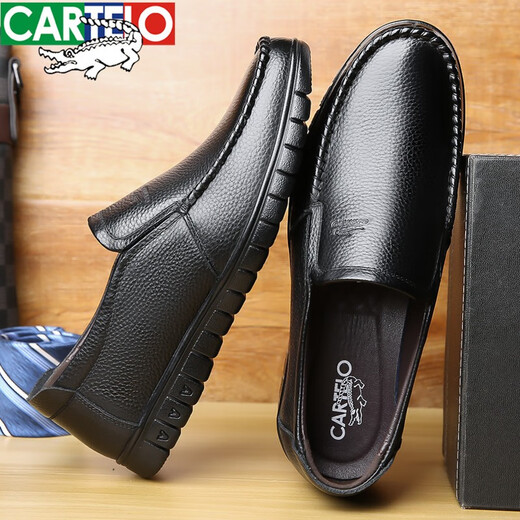 CARTELO top layer cowhide men's business formal casual leather shoes with one foot breathable soft sole non-slip middle-aged and elderly dad shoes Black single shoes 40