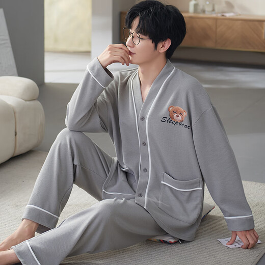 Yalu Men's Pyjamas Spring and Automne Pure Cotton 2025 Nouveau cardigan à manches longues et les étudiants d'hiver peuvent porter des costumes de vêtements à domicile à l'extérieur de LS1343 Suisses cardiganes L [recommandée 100-120 Jin [Jin est égal à 0,5 kg]]]