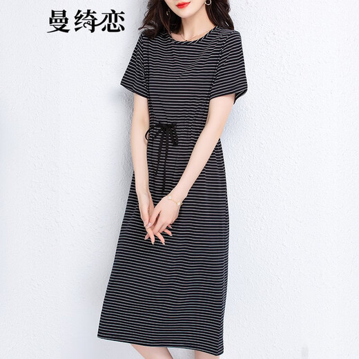 曼绮恋短袖条纹t恤女2022新款夏季中长款过膝纯棉连衣裙宽松显瘦百搭系带T恤裙子潮 藏青条纹6627 L