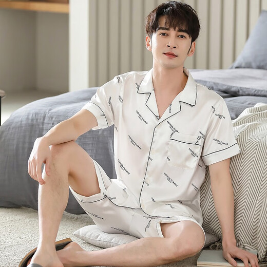Shamido couple pajamas in summer new ice silk thin short sleeve shorts cardigan simple letters imitation silk men's women's home clothing set 0023-9923 white letters women's style-M