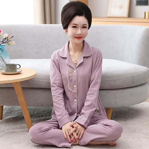 莫代尔中老年妈妈女士睡衣女棉质长袖中年春秋季薄款开衫大码家居服套装 9928JS M 建议80-95斤