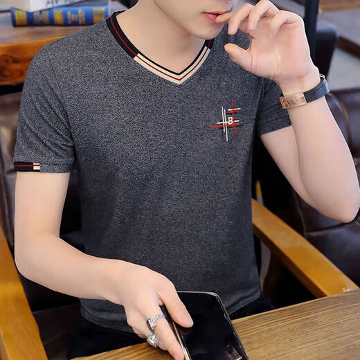 Hailan selected short-sleeved T-shirt men's summer tops for men's half-sleeved T-shirt trendy slim fit new trendy brand 826-dark gray v. collar M Recommended 80-100Jin [Jin equals 0.5 kg]