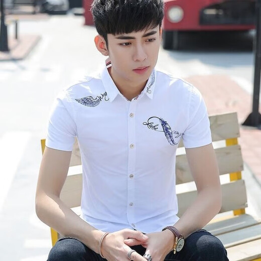 XCFREHT thin summer new short-sleeved shirt men's Korean style student handsome slim embroidered casual shirt men's trend 829 white M 80-100Jin [Jin equals 0.5 kg]