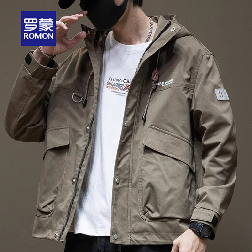 罗蒙夹克工装男士2025春秋季潮牌加厚男生大码棉衣男款冲锋衣连帽风衣 1502-1军绿色（加绒加厚） L (体重95-125斤)