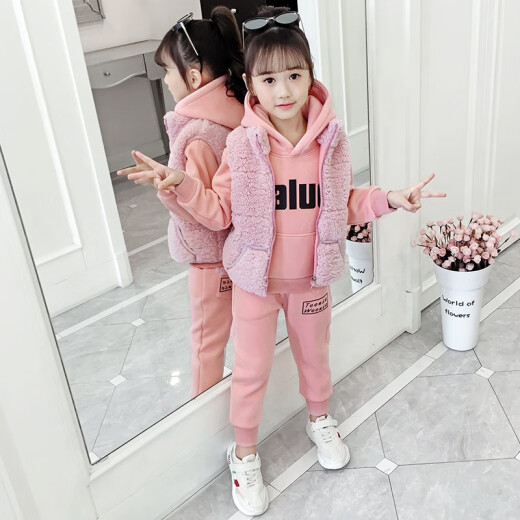 (Three-piece set) Harlecat Girls Suit Children's Solid Color Velvet Pullover Vest Sweatshirt 2020 Winter New Style for Middle-aged and Primary School Students Casual Warm Cute Clothes Children's Trendy Pants Pink 150 (recommended height is about 140 cm)