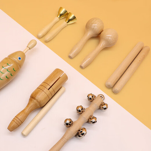 Xingbeixiang Kindergarten Orff Percusión Instrumento Libro de texto Conjunto de registros de enseñanza Ayudas Patriz de altavoces Hammer Tambourine Triángulo Doble Tamburina de hierro Log de madera Color de madera 6 pulgadas/diámetro 15 cm