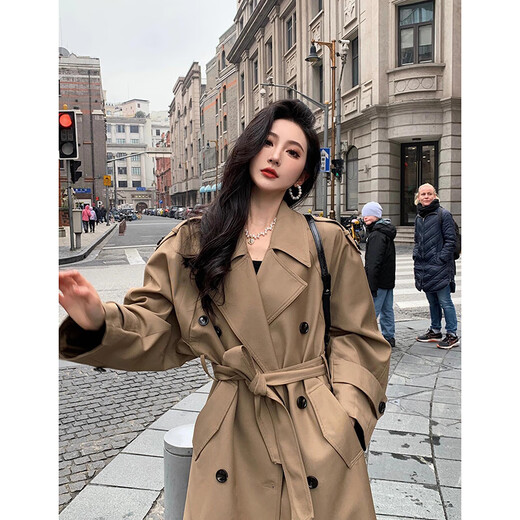 
GARNUO khaki windbreaker jacket for women mid-length 2025 new spring and autumn Korean small high-end British style coat khaki M[111-130Jin[Jin equals 0.5 kg]]