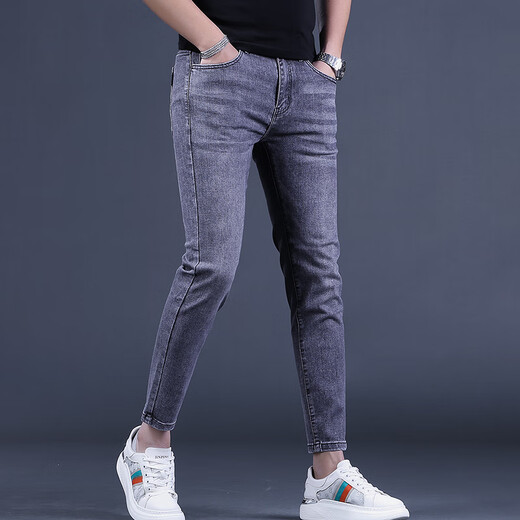 KuRenTou (KuRenTou) 2023 Spring and Autumn New Men's Trendy Smoke Gray Crispy Clipper Jeans Slim-fitting Small-footed Trendy Brand Casual Pants Trendy 1049 Gray 28