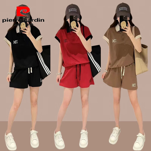 皮尔卡丹欧洲站套装女2025春夏季宽松短袖POLO衫女短裤休闲运动时尚套装潮 红色 【上衣+短裤】 2XL (125-140斤)
