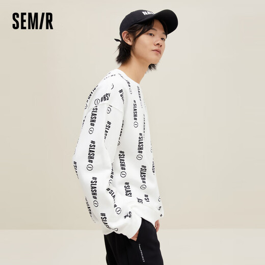 Semir sweatshirt men's loose round neck comfortable fleece winter Korean style off-shoulder fashion all-over printed top trendy white and black tone 0319 160/80A/XS