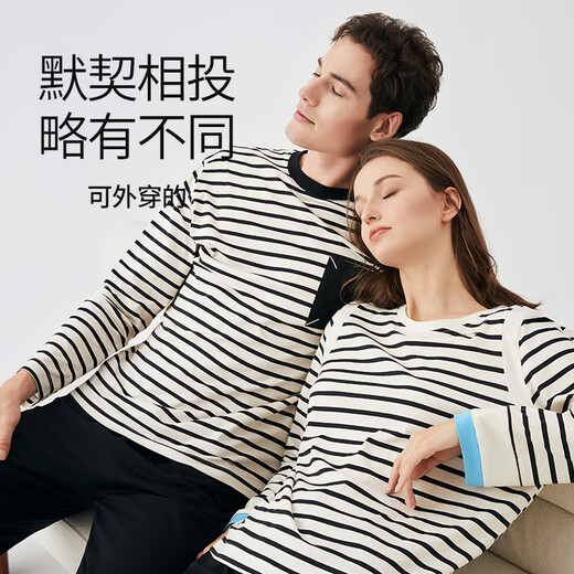 Chundu Couple Pajamas Women's Spring and Autumn Pure Cotton Striped Long Sleeve Autumn Home Clothing Men's Suit Thin Black and White Stripes/Black (Women's Style) 2XL