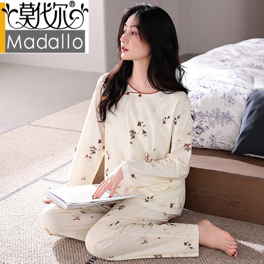 莫代尔2024新款睡衣女春秋款纯棉长袖薄款秋季可外穿大码女款全棉家居服 XE1502 XL (170)：建议120-140斤穿着【