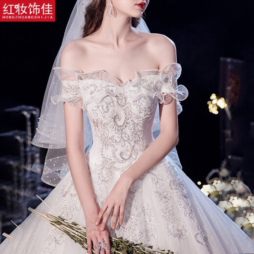 Red Decoration Jia 2023 New Main Wedding Dress Bride Forest Starry Sky Heavy Industry Luxurious One Shoulder Wedding Dress with Large Trailing [Fungic Neck Collar] Floor-length S