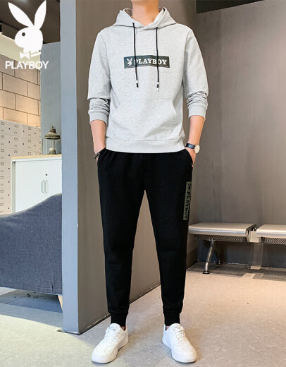 花花公子（PLAYBOY）卫衣男秋冬季新款连帽潮流休闲宽松长袖t恤男士加绒保暖两件套装 C-9194HHTZ8111D黑色 M