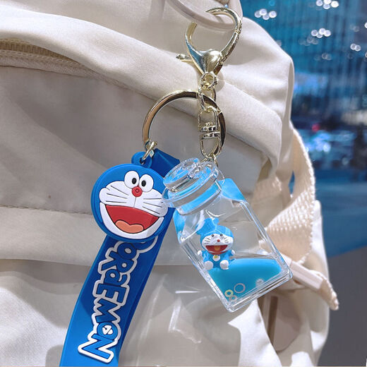 Doraemon keychain pendant liquid quicksand school bag hanging ornament for girlfriend best friend children creative heart-hearted practical quicksand Dingdang cat-bottle + blue and white bell
