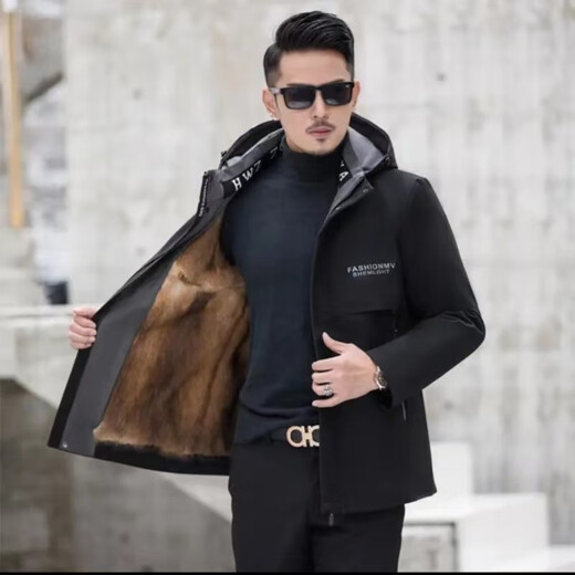 Jiang Yu Men's Park overcomes real mink hair whole mink hair removable blue root mink hair golden mink hair men's fur genuine leather and fur black outer coat blue root mink inner liner mink 2XL 54 size (140 Jin [Jin equals 0.5 kg] to 155 Jin [Jin equals 0.5 kg]