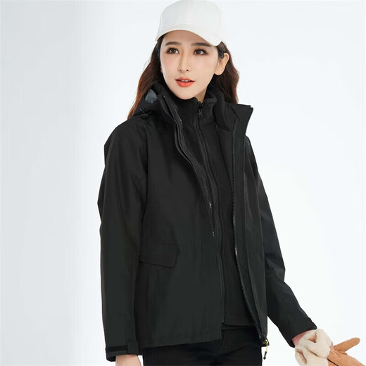 BRELRMON韩版冲锋衣女男防风户外防寒三合一保暖可拆卸滑雪登山服夹克外套 HS12805曜石黑-女 S