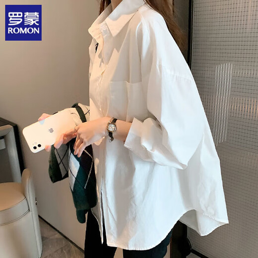 ROMON cotton shirt for women in autumn new design niche top casual bottoming shirt versatile inner layering shirt white XL recommended 120-135 Jin Jin equals 0.5 kg
