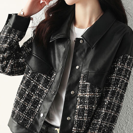 Yimanfu kleine duftende Jacke für Frauen im Frühling und Herbst Mode Spleißen PU Lederjacke Motorradanzug Casual Lose Jacket Mode top schwarze m-sugged 95-105jin [Jin ist gleich 0,5 kg]