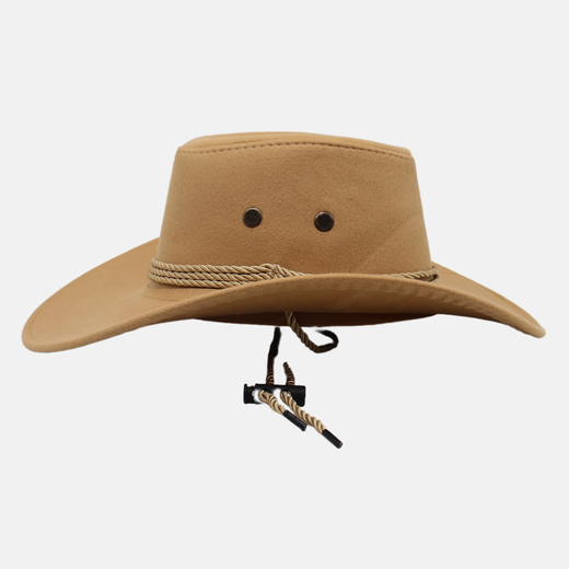 Kt large brim western cowboy hat solid color Tibetan sun protection woolen hat sunshade outdoor hiking hat for men and women brown one size (55-58cm)
