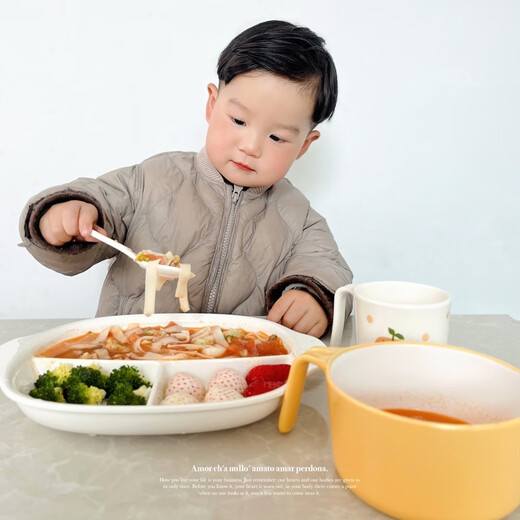 联合倍瑞CCOM商超儿童餐具套装宝宝辅食碗分格盘勺子婴儿仿瓷感四件套礼盒 【万事大橘 4件套装】