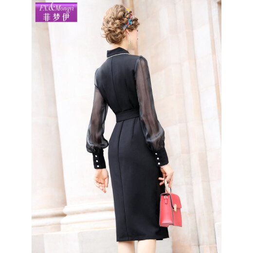 Fei Mengyi Black Suit Dress Women's Long Sleeve 2020 Autumn Clothes Light Sophistication French Temperament Waist Winning Professional Mid-Length Skirt Black M