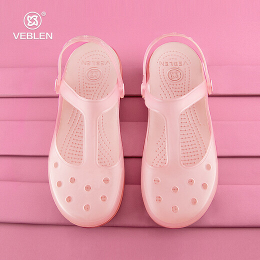 Veblen Croc Shoes Women's Summer Non-Slip Thick Sole Outer Slippers Soft Sole Flat Heel Baotou Sandals Crystal Jelly Beach Shoes Dark Gold 39 Regular Size Regular Shot