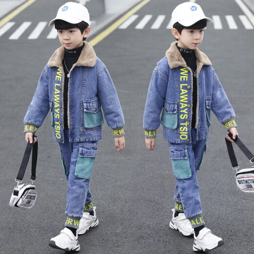 Katu Blue Cat Boys' Velvet Suit Autumn and Winter New Korean Style Children's Fashionable Thickened Splicing Denim Jacket + Leg Pants Two-piece Set Boys' Clothes Student Winter Warmth Street Trend 9 Gray 130