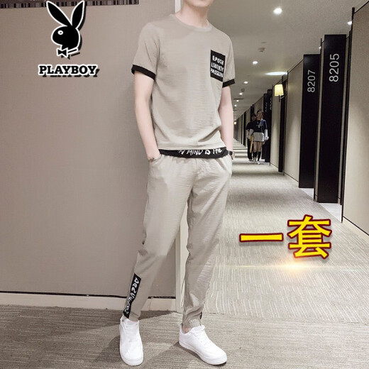 Playboy short-sleeved T-shirt men's 2-piece set 2020 new men's trendy brand large size ice silk suit round neck half-sleeved top + pants with a set of casual wear, handsome and versatile clothing TZ903 Khaki XL (recommended about 120-135 Jin [Jin equals 0.5 kg], )