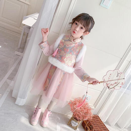 Tres elefantes tiburones cheing cheingsam hanfu girls traje de espigas nuevos saludos de nuevo año tiara tiara falda traje infantil 695 chaleco rosa + falda canción de baile pantalones 130