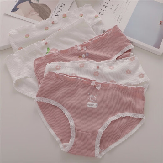 Modal 5 pairs of girls' underwear, girls' mid-waist underwear, female triangle students, cute ladies' pants, junior high school students' crotch, pure cotton L small flower rabbit 5 pack