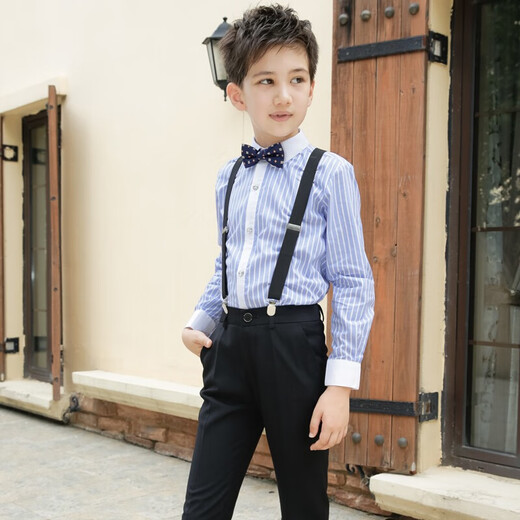 Feathered Duck Children's Dress Primary School Host Flower Girl Overalls Suit Boy Piano Cantata Performance Clothing Black Style 1 (shirt + trousers + suspenders + bow tie) size 130 (recommended height 117-126cm)