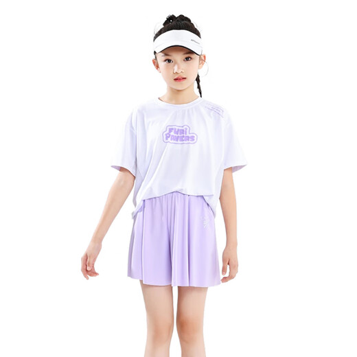 NICKYBABY girls quick-drying suit children's summer badminton summer tennis girls running training suit medium and big children's sportswear 9922 cotton T white + 18426 purple shorts 150 cm