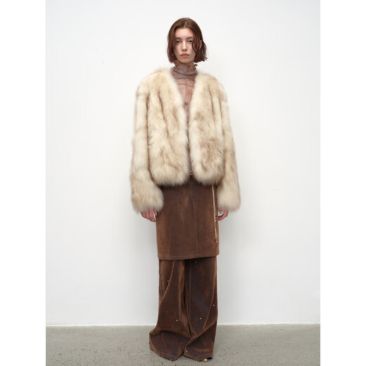 
Fu Zhien Gone with the Wind Sagafurs Fox Fur Coat Women Handmade Spray Color Smudge V-neck Fur Coat Apricot Brown S