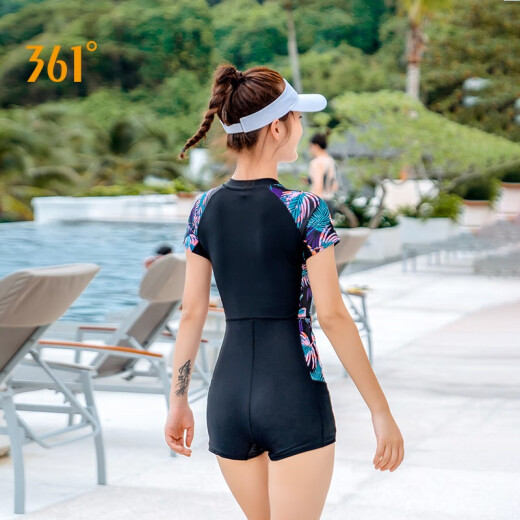 361 Swimsuit Women's Large Size Conservative and Slim Hot Spring Swimsuit One-piece Boxer Covering Flesh Casual Swimwear Hot Spring Outerwear Black 2XL (Recommended Weight 60kg-65kg)